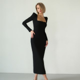 Autumn and winter French black dress Chic Slim Waist square neck long-sleeved elegant Tight Fitting long dress for women