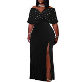 Sexy Pearl Off Shoulder Slit Plus Size Dress