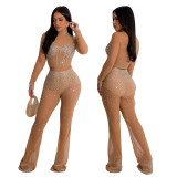 Beaded See-Through stylish Round Neck long-sleeved top slim-fitting trousers two-piece women's suit