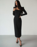 Autumn and winter French black dress Chic Slim Waist square neck long-sleeved elegant Tight Fitting long dress for women