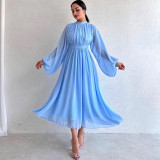 Chic half turtleneck long sleeve pleated midi dress for women