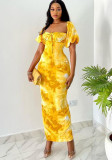 Women Summer Printed Puff Sleeve Square Neck Maxi Slit Dress