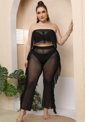 Plus Size Women Beach Holidays Beach Sexy See-Through Mesh Top and Ruffle Pants Two-piece Set