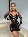Hollow Striped Beaded One-piece Bodycon Tight Fitting dress Sexy Temptation Rhinestone lingerie Sexy Underwear for Women