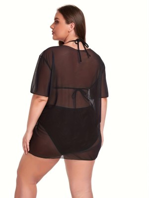 Plus Size Women Mesh Cover-up See-Through Sexy Bikini SwimwearThree-Piece