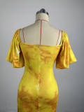 Women Summer Printed Puff Sleeve Square Neck Maxi Slit Dress