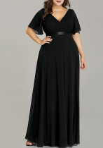 Plus Size Women V neck Short Sleeve Solid Long Dress