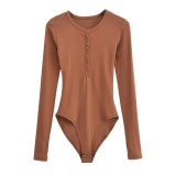 Slim Fit Button up long Sleeve Women's Round Neck Sexy Basic Tight Fitting bodysuit