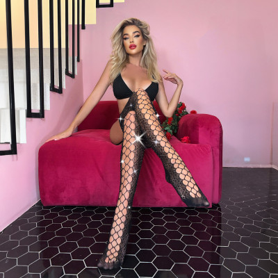 rhinestone hollow open crotch transparent fishnet stockings for women