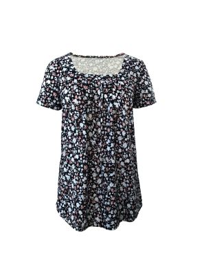 Pleated Square Neck Printed Short Sleeve Women's Top