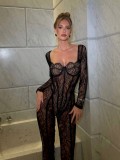 Nightclub Style Sexy Long-Sleeved Black Lace See-Through Tight Fitting Jumpsuit