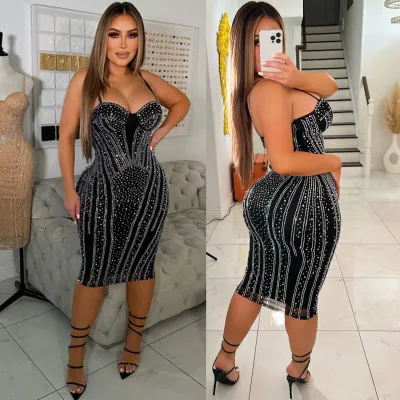 Autumn And Winter Women's Sexy Mesh Beaded Strap Nightclub Dress