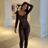 Nightclub Style Sexy Long-Sleeved Black Lace See-Through Tight Fitting Jumpsuit