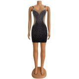 Autumn And Winter Women's Sexy V-Neck Mesh Beaded Patchwork Strap Dress