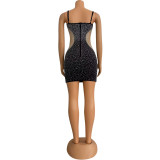 Autumn And Winter Women's Sexy V-Neck Mesh Beaded Patchwork Strap Dress