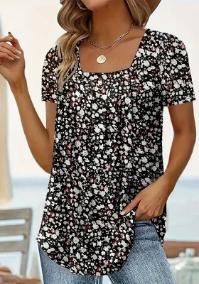 Pleated Square Neck Printed Short Sleeve Women's Top