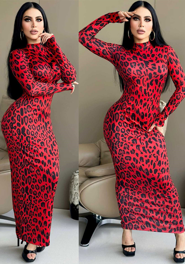 Women Leopard Print Turtleneck Bodycon Maxi Dress