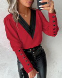 Women V Neck Solid Long Sleeve Button Top