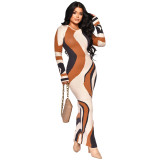 Women Print Ribbed Long Sleeve Maxi Dress