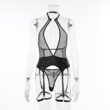 Women Fishnet Mesh PU Leather Patchwork Halter Neck Suspender Hollow Backless Sexy Lingerie