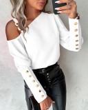 Women Solid Metal Button Slash Shoulder Button Top