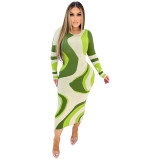 Women Print Ribbed Long Sleeve Maxi Dress