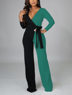 Women v-neck sexy solid color jumpsuit with belt