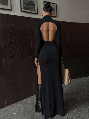 Women Long Sleeve High Neck Sexy Backless Slit Dress