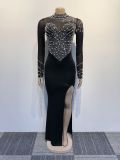 Women Beaded See-Through Bodycon Stretch Slit Dress