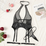 Women Fishnet Mesh PU Leather Patchwork Halter Neck Suspender Hollow Backless Sexy Lingerie