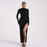 Women Long Sleeve High Neck Sexy Backless Slit Dress