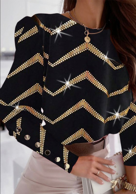 Women Printed Long Sleeve Round Neck Button Top