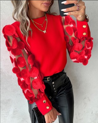 Women Long Sleeve Round Neck Petal Sleeve Top