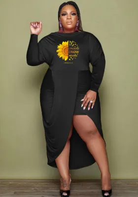 Plus Size Women Solid Long Sleeve Fake Two-piece Dress
