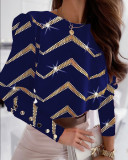 Women Printed Long Sleeve Round Neck Button Top