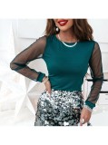 Spring And Winter Solid Color Lace Long-Sleeved Round Neck Women's T-Shirt