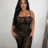 Nightclub Style Sexy Black Lace Pattern Hollow Straps See-Through Tight Fitting Plus Size Jumpsuit