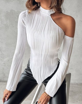 Spring And Winter Solid Color Long-Sleeved Off Shoulder Round Neck Slim-Fit Women's T-Shirt