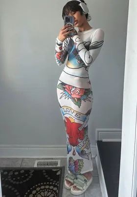 Women's Spring Casual Mesh Printed Round Neck Long Sleeve See-Through Slim Long Dress