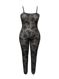 Nightclub Style Sexy Black Lace Pattern Hollow Straps See-Through Tight Fitting Plus Size Jumpsuit