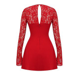 Women's Sexy Square Neck Lace Patchwork Long Sleeve Dress