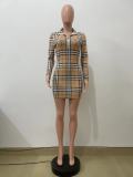 Women Autumn and Winter Printed Plaid Long Sleeve Bodycon Dress