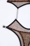 Plus Size Women Halter Neck Leopard See-Through Temptation Metal Chain One-piece Sexy Lingerie Two-piece Set