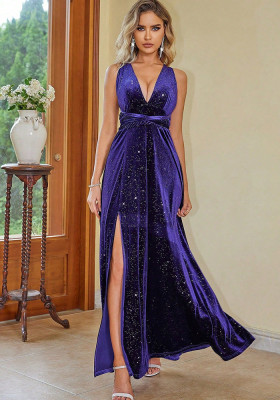 Women V Neck Slit Velvet Cocktail Evening Dress