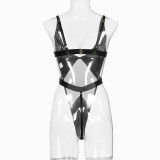 Women PU-Leather mesh V Neck Backless See-Through Sexy Lingerie
