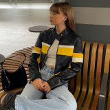 Women Street Style Pu-Leather Striped Color Block Loose Jacket