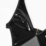 Women PU-Leather mesh V Neck Backless See-Through Sexy Lingerie