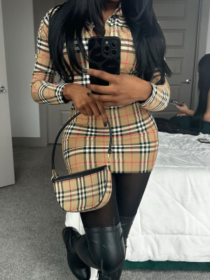 Women Autumn and Winter Printed Plaid Long Sleeve Bodycon Dress