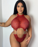 Plus Size Women Halter Neck Leopard See-Through Temptation Metal Chain One-piece Sexy Lingerie Two-piece Set