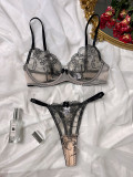 Women Floral Embroidered Underwire See-Through Sexy Lingerie Two-Piece Set